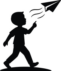 Silhouette boy throws paper airplane black and white vector illustration