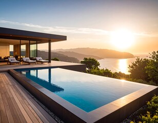 Fototapeta premium Modern house with pool overlooking ocean sunset