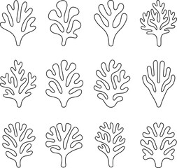 "A collection of stylized coral outlines, perfect for marine-themed projects and ocean-inspired designs. These elegant outlines are suitable for use in educational materials, environmental campaigns, 