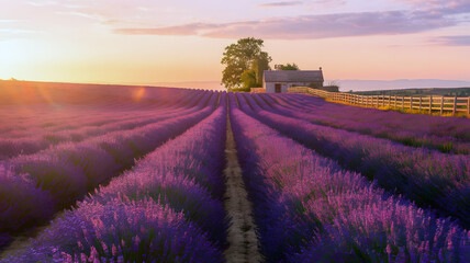 Obraz premium An image of endless rows of vibrant purple lavender fields stretching towards the horizon, bathed in