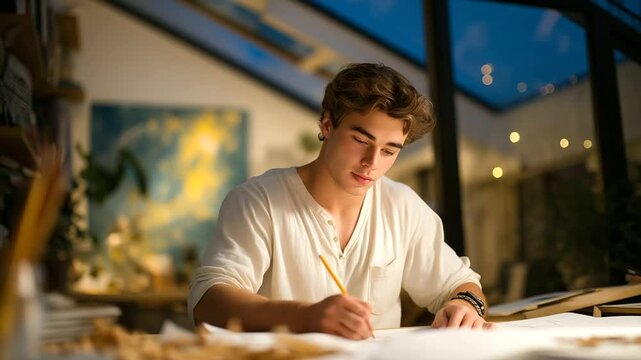 Engineer sketching modular layout with drafting tools and ambient light