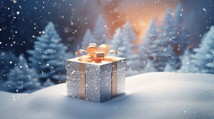 A glittery silver gift box with a golden ribbon sits on snow amid softly falling snowflakes and blurred snow-covered pine trees at sunset.