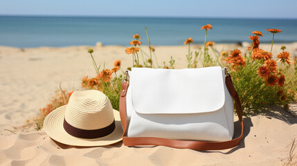 A white handbag and a straw hat rest on sandy beach with orange flowers and a calm blue sea in the background under clear skies.