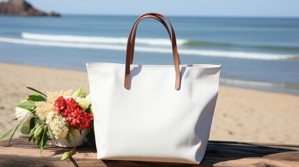 White leather handbag with brown handles sits on a wooden table next to a bouquet of flowers by a sandy beach and calm ocean waves under a clear sky.