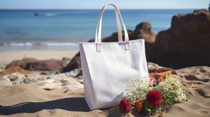 A white tote bag is sitting on the beach next to a bouquet of flowers