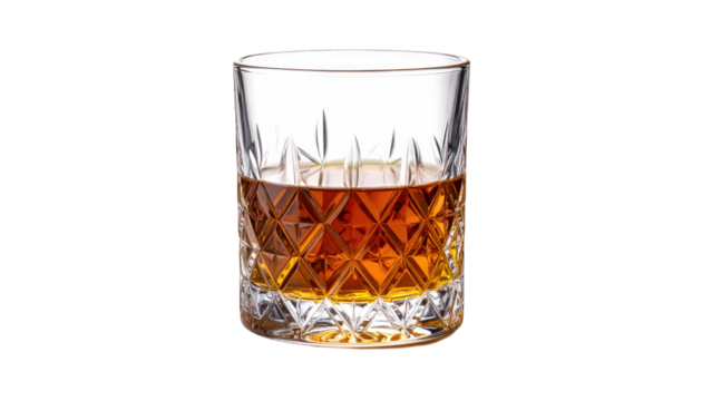 Whiskey in cut glass tumbler on black background