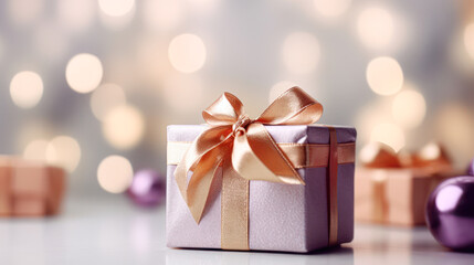 A beautifully wrapped silver gift box with a shimmering gold ribbon, set against a soft, glowing bokeh background, capturing a festive and elegant atmosphere.