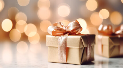 A gold box with a bow on top of it