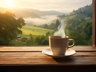 A steaming cup of coffee sits on a wooden windowsill overlooking a serene, sunlit valley with rolling hills and misty morning fog.