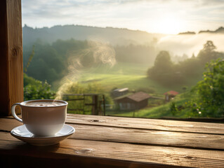 A steaming cup of coffee sits on a wooden table overlooking a misty, sunlit countryside with rolling hills and rustic houses.
