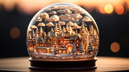 A beautifully detailed snow globe depicting a cozy winter village with houses, pine trees, and snowflakes inside a glass dome against a warm blurred background.