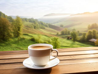 A steaming cup of coffee sits on a wooden table overlooking a serene, sunlit valley with rolling hills and lush greenery.