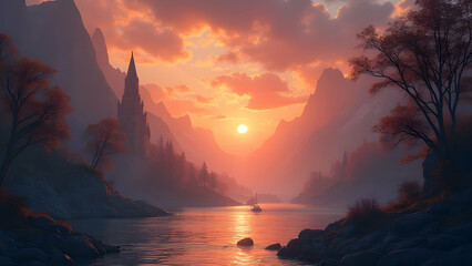 A sunset over water between mountains with a boat on it