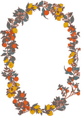Oranges lemons illustration oval frame. Round fruit summer border for decor design. Citrus garden trees card template and provence photo
