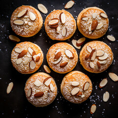 Eight almond-topped cupcakes dusted with powdered sugar arranged on a dark surface with scattered almond slices.
