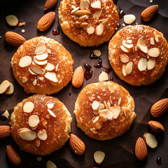 Golden almond cakes topped with sliced almonds and surrounded by whole almonds on a dark surface with syrup drizzles.
