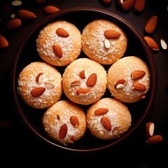Round almond cookies topped with whole and sliced almonds, arranged in a dark bowl with scattered almonds around on a black background.