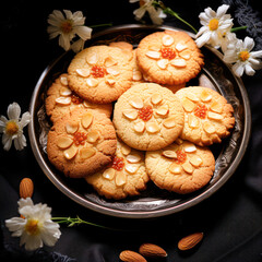 A plate of flower-shaped almond cookies with a jam center, surrounded by white flowers and almonds on a dark fabric background.