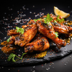 Glazed chicken drumsticks garnished with sesame seeds, herbs, and a lemon wedge on a black slate platter.