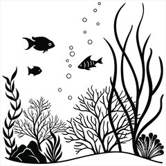 Simple Black and White Underwater Scene with Fish and Coral © MstLutfa