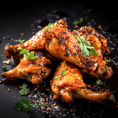 Glazed grilled chicken wings garnished with fresh parsley and sprinkled with coarse salt and chili flakes on a dark surface.