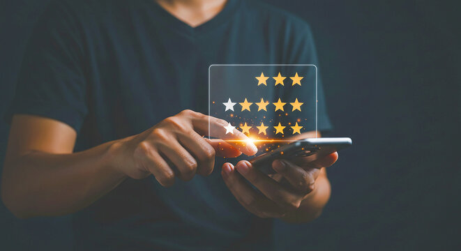 A person giving a star rating on a phone with a transparent overlay of stars on a dark background