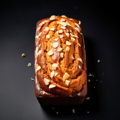 Golden-brown almond cake loaf with sliced almonds on top, placed on a dark surface with a few scattered almond flakes.