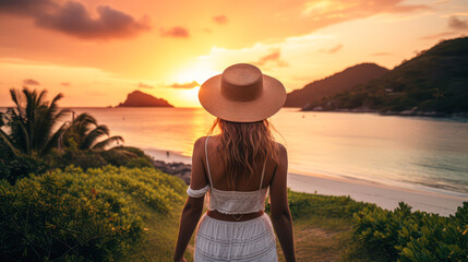 A woman in a white dress and straw hat watches a golden sunset over a tropical beach surrounded by lush greenery and hills.
