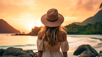 A woman in a hat gazes at a tropical beach sunset, surrounded by mountains, palm trees, and rocks.