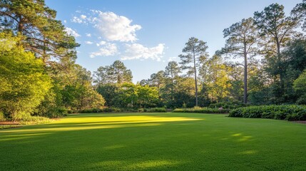 Fototapeta premium Lush Green Lawn Surrounded by Trees and Blue Sky in a Tranquil Garden Setting, Perfect for Outdoor Activities and Relaxation in Nature's Embrace