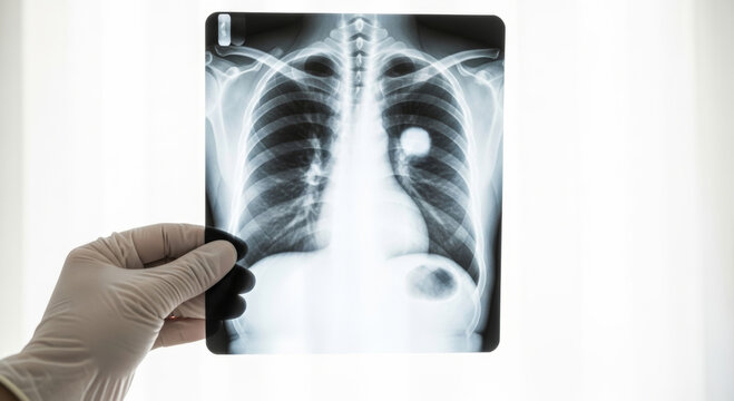 Doctor holding chest x-ray image of lungs with potential anomaly. World Lung Cancer Day