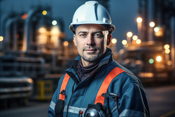 Confident male industrial worker in protective gear and helmet stands at a plant or factory site during evening, ready for his shift in a high-tech environment.
