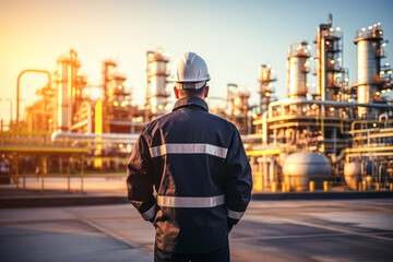 A worker in protective gear inspects a large industrial refinery at sunset, showcasing complex pipes and structures.