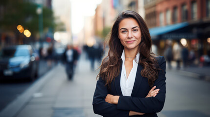 Confident young woman with long hair, dressed in business attire, stands with arms crossed on a city street with blurred pedestrians and buildings in the background.