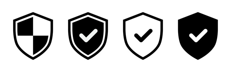 Security shield icons, black and white protection badges with check mark and quadrant design, flat style set for antivirus, privacy, approval, secure access, vector illustration.