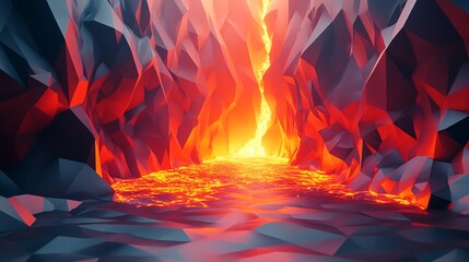 A low-poly digital illustration of a glowing lava river flowing through a jagged volcanic cave interior.