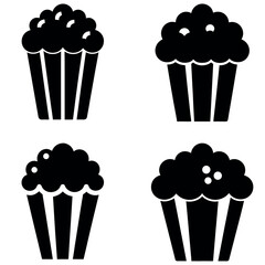 Black and White Illustration of Four Cupcakes with Different Topping Designs, on White Background