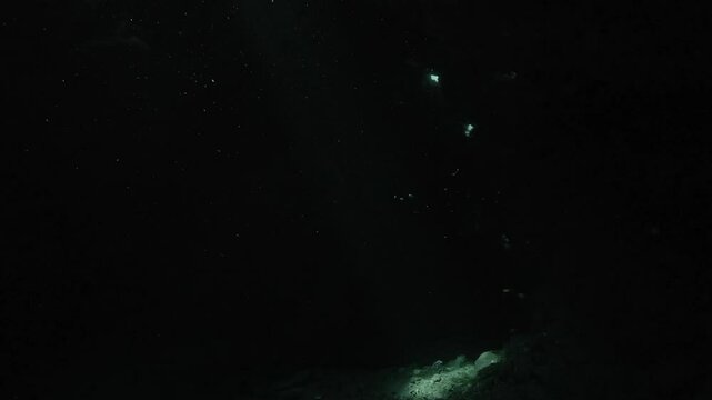 A scuba diver slowly advances into a pitch-black underwater cave, with only the sound of breathing and floating particles visible. Check my portfolio for more cave diving footage.