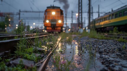 Obraz premium Weeds grow between wet train tracks, with a train's lights blurred in the back.