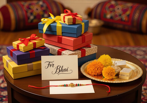 Raksha Bandhan celebration with gifts and traditional Rakhi arrangement