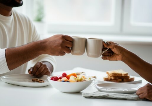 Couple clinking mugs over breakfast with fruit and toast in bright kitchen