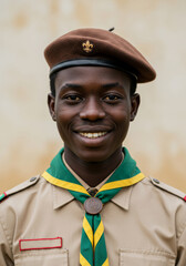 Smiling African boy scout in uniform with brown beret and yellow-green neckerchief