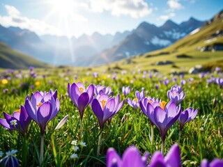 Mountain Crocuses in Golden Sunlight Closeup
