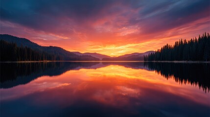 Serene lake reflecting a vibrant sunset over forested mountains.