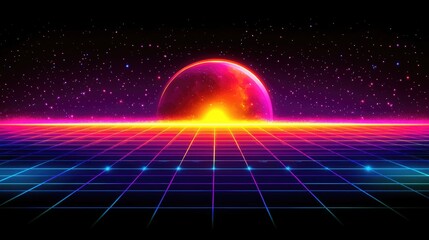 Colorful gridded landscape with a celestial body.