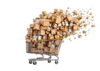 Overflowing shopping cart filled with many cardboard boxes, some dispersing outward