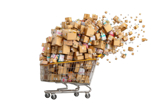 Overflowing shopping cart filled with many cardboard boxes, some dispersing outward