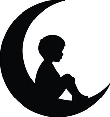 Silhouette Child sitting on moon dreamy night vector illustration