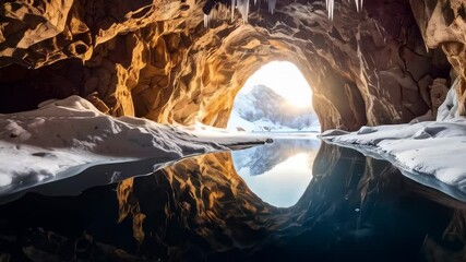 Interior view of a rocky cave with ice stalactites and reflection on the water surface of snow covered mountains under bright sunlight. - Powered by Adobe