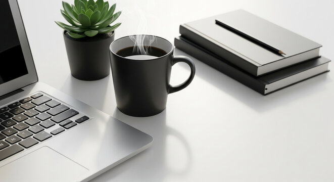 Black coffee mug, laptop, succulent plant, notebooks, and pencil on white surface, showcasing a minimalist workspace scene, ideal for blog or website header